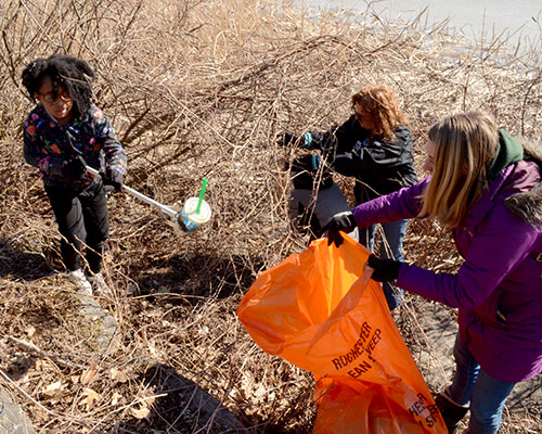 Volunteers picking up trash