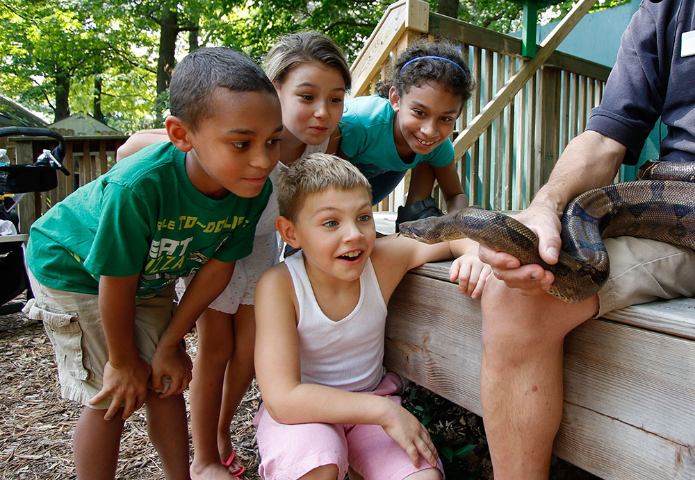 kids enjoying a program animal encounter at Seneca Park Zoo